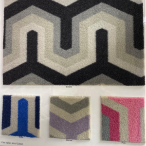 Italian wool carpet samples with bold geometric patterns and contemporary colour accents